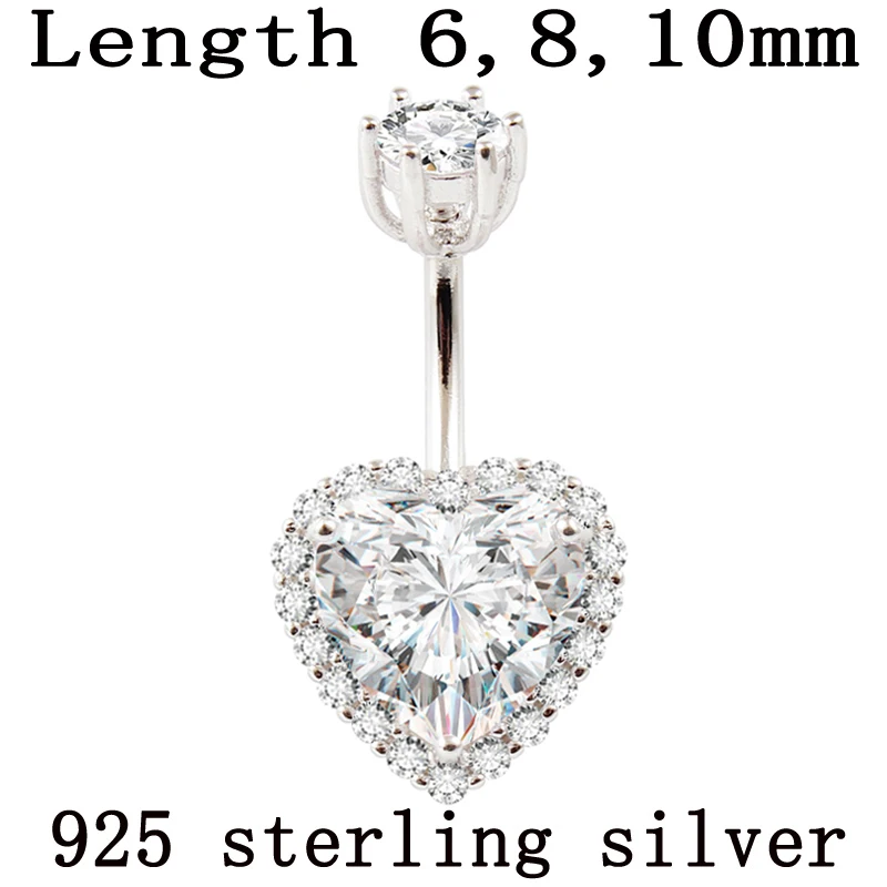 

Real 925 sterling silver belly button ring women fine jewelry heart body piercing jewelry S925 6 8 10 mm navel bar not allergic