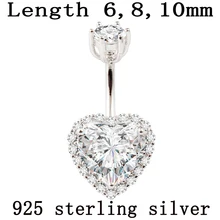 Real 925 sterling silver belly button ring women fine jewelry heart body piercing jewelry S925 6 8 10 mm navel bar not allergic