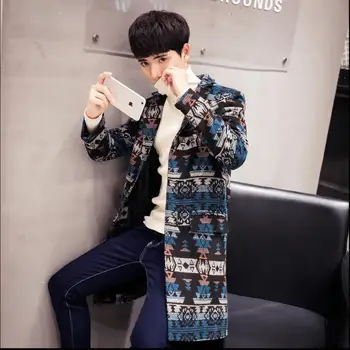 

M-5xl Autumn New Men Long Woolen Coat Tide Personality Printing Casual Woolen Trench Coat Plus Size Clothing Singer Costumes