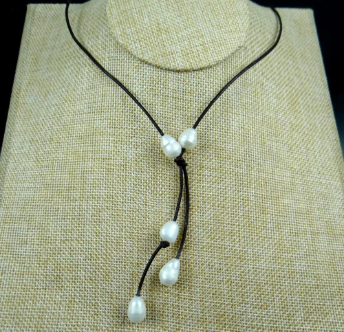 

brown Genuine Leather white Freshwater Pearl Handmade Jewellery Necklace R69