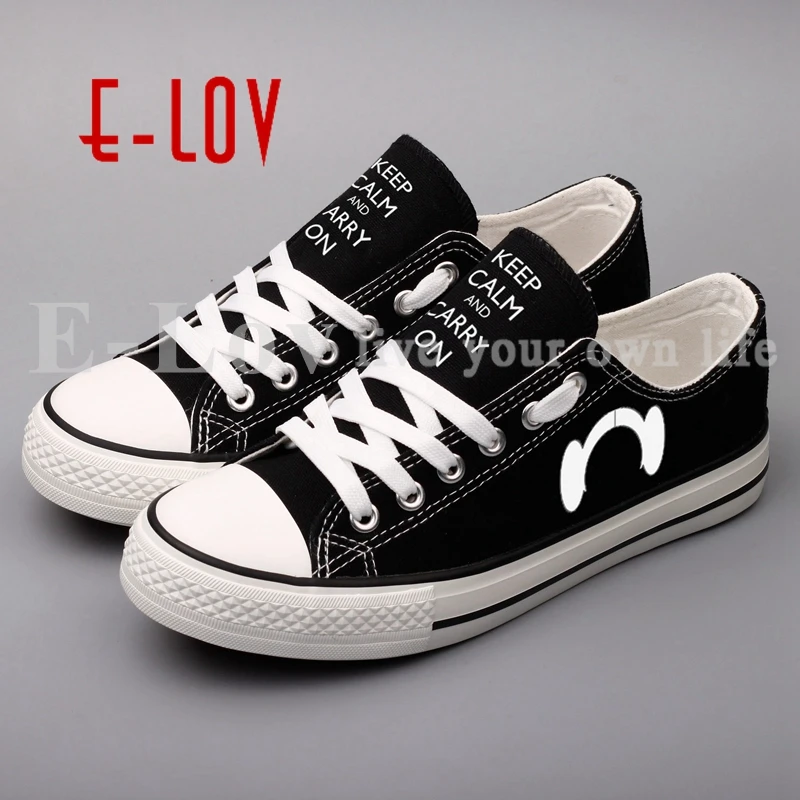 

E-LOV Keep Calm And Carry On Printed Flat Canvas Shoes Men Boys Casual Leisure Shoe Customized Valentine Couple Lovers Gifts