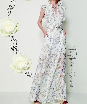 

New Women Flower Print Long Dress Elegant Sexy Sleeveless A-Line Dresses Wth Belt D4034