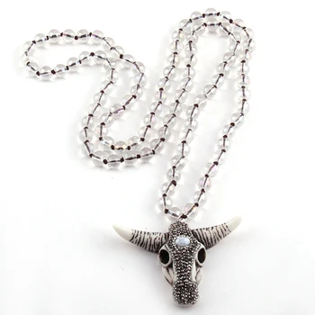 

MOODPC Fashion Glass Crystal Long Knotted Ox Bull Head Horn Pendant Necklace Women Lariat Necklaces