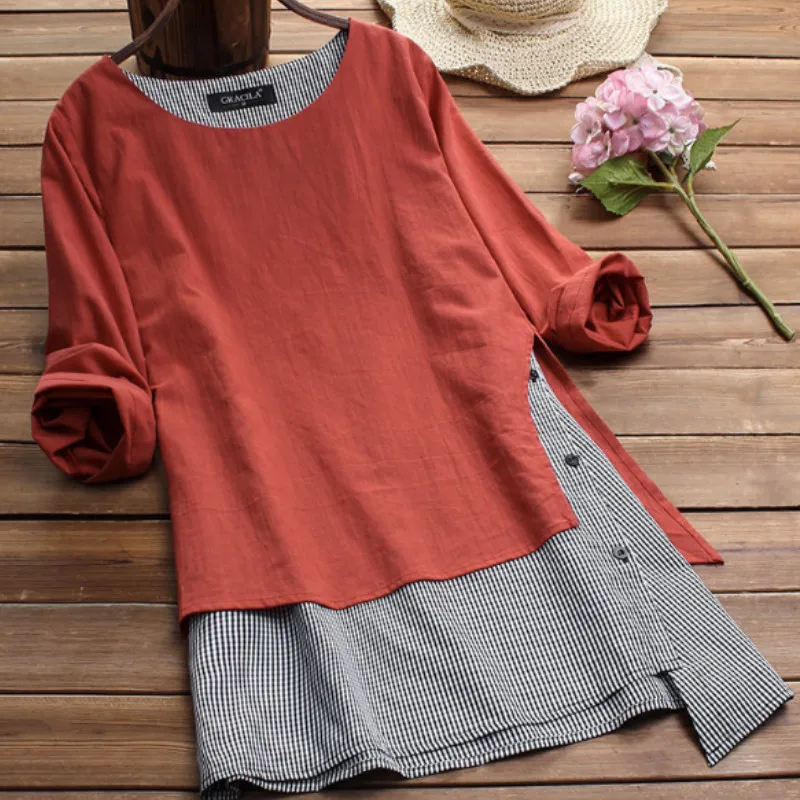 

Women Autumn Elegant Linen Blouse Japanese Style Paid Patchwork Ladies Casual Loose Shirts Top