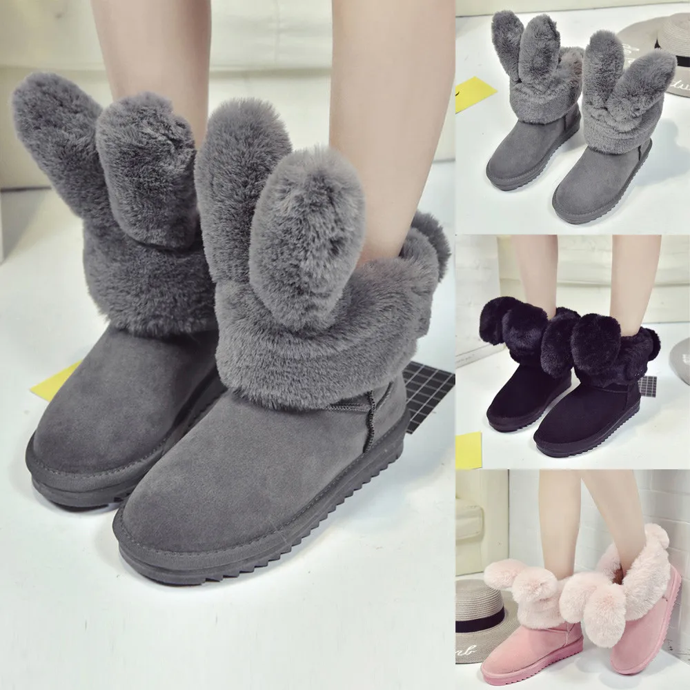 Boots Stylish Foldable Rabbit Ears Women Winter Boots Warm Shoes Plush Ankle Snow Outdoor PU Leather Winter Female Boots T#