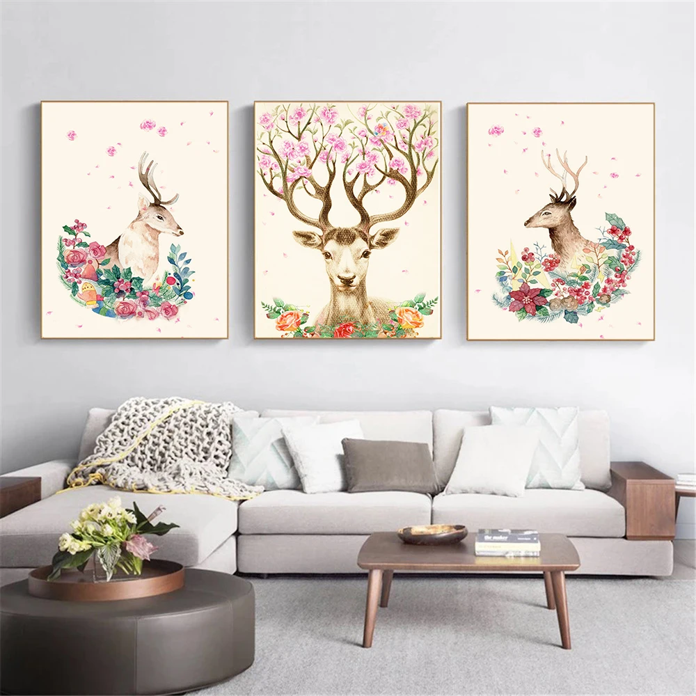 Flores-da-aguarela-Sika-Veados-N-rdico-Impress-o-Cartaz-Arte-Da-Parede-Da-Lona-Pintura