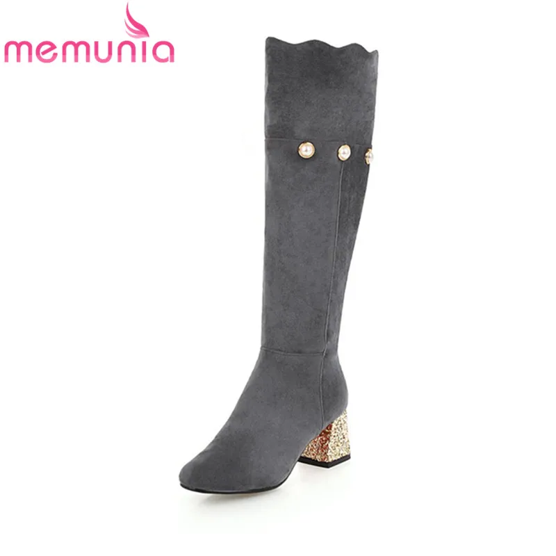 

MEMUNIA new arrival 2018 long boots with string bead fashion boots ruffles round toe knee high boots womens high heels shoes
