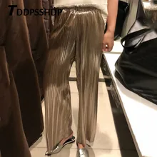 Серебристые золотые плиссированные женские широкие брюки с эластичной талией весенние женские брюки