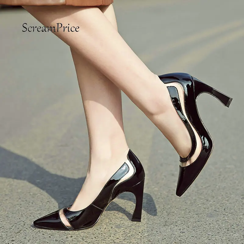 

Women Genuine Leather Hoof Heels Lazy Shoes Comfortable Transparent Pointed Toe High Heel Pumps Black Pink