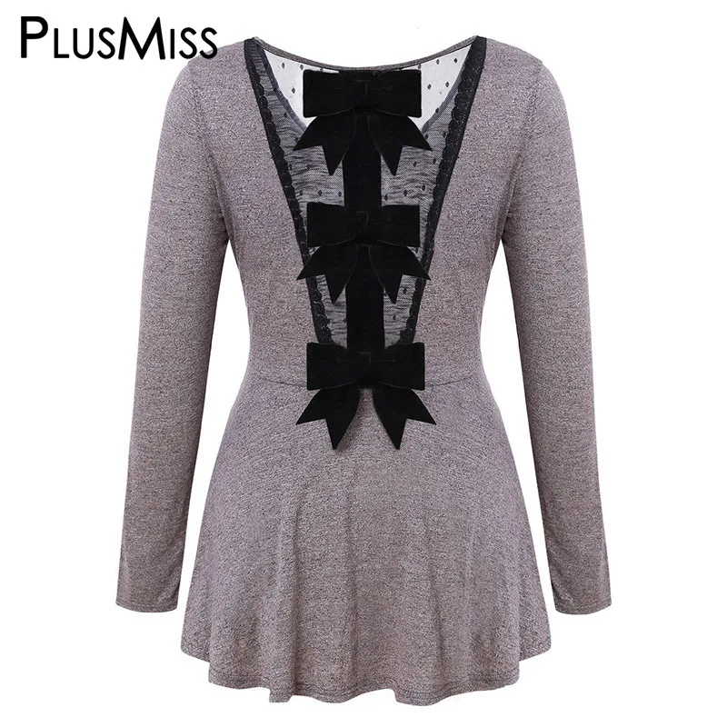 

PlusMiss Plus Size 5XL Back Bowknot Mesh Sheer Sexy Blouse XXXXL XXXL XXL Women Big Size Spring Autumn Long Sleeve Tunic Tops