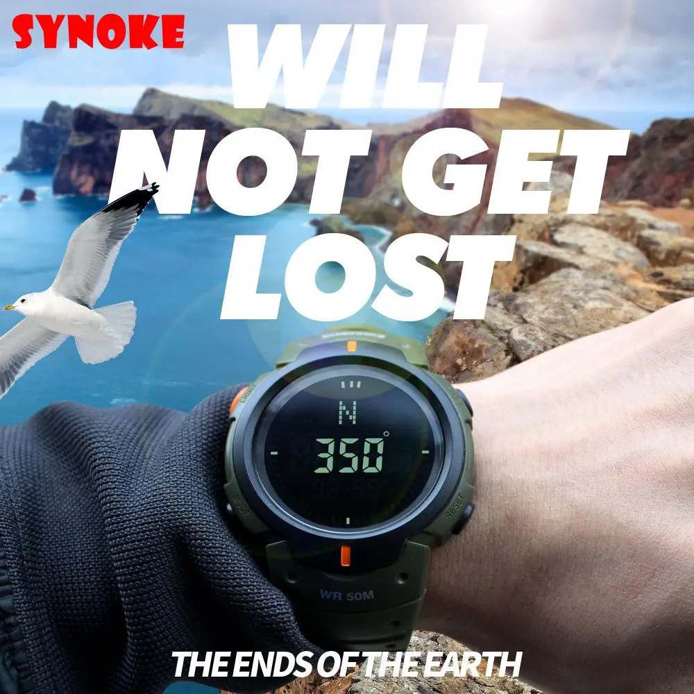 SYNOKE للماء البوصلات الرجال الرياضة الساعات الإلكترونية في الهواء الطلق تسلق الجبال الرقمية طالب clockes الرقمية ووتش