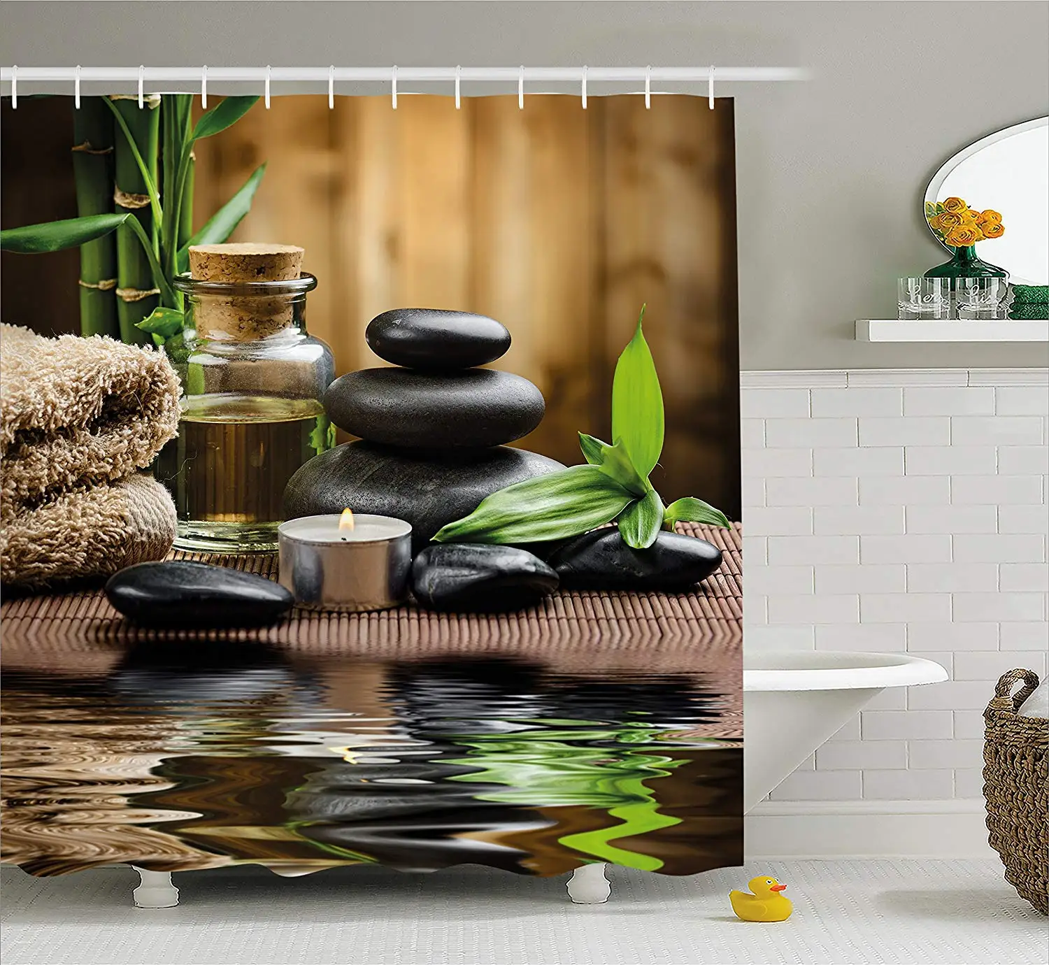 Spa Decor Shower Curtain Asian Zen Massage Stone Triplets with Herbal Oil and Scent Candles