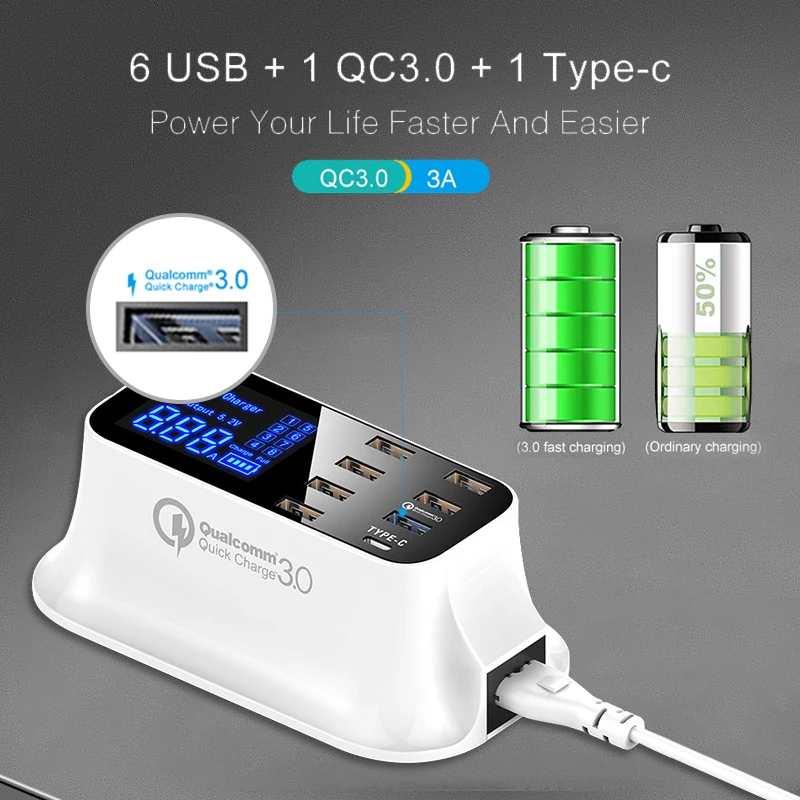

8 Ports USB Quick Charge 3.0 Adapter Smart Type C Charger Station Led Display Fast Charging Phone For iPhone For Redmi Samsung