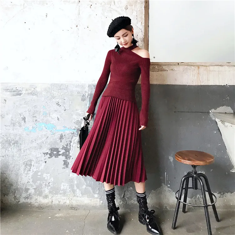 

New winter wine red knitted sweater stitching pleated straps asymmetric strapless dress E1148
