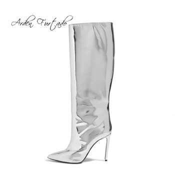 

Arden Furtado 2018 spring autumn winter stilettos high heels 12cm pointed toe knee high boots silver fashion boots big size 48