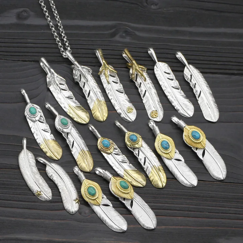 

925 sterling silver hand flat copper claws feather pendant Gd han edition with the model Plain silver turquoise