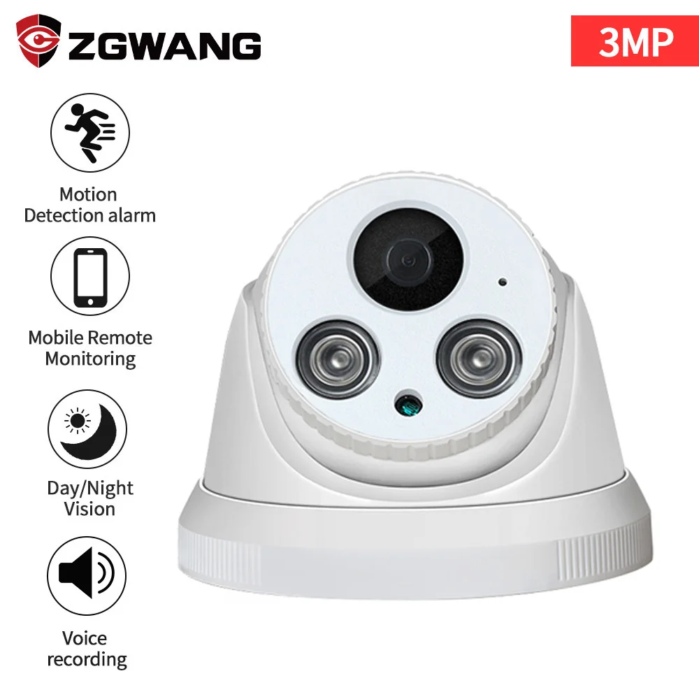 

ZGWANFG 3MP WIRED Dome IP Camera Home Security indoor Surveillance Cameras Audio p2p onvif email push Night vision IPCam