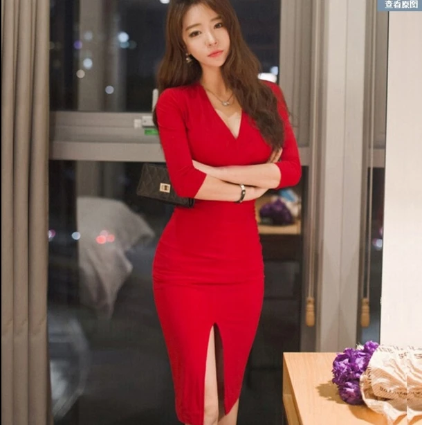 

2018 Autumn Midi Women Bandage Office Party Sexy Bodycon Red Vintage Dress Vestidos Plus Size Long sleeves V-Neck Dresses WS28