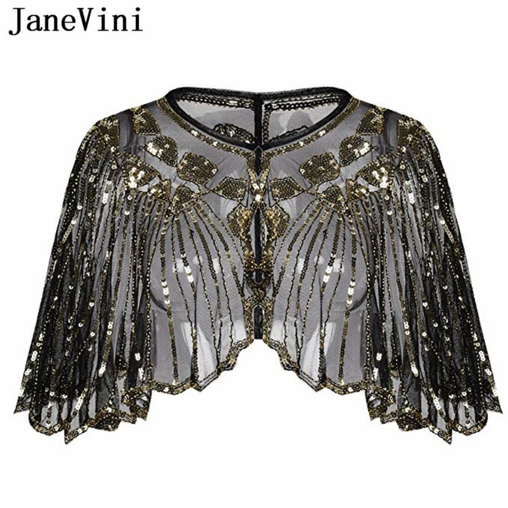 JaneVini, Элегантная черная, Золотая свадебная шаль, накидка, болеро, женская короткая накидка, расшитая блестками, блестящая Свадебная куртка, болеро, Chaqueta De La Boda