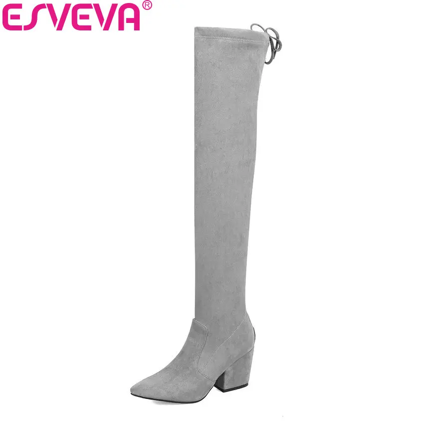 

ESVEVA 2019 Women Boots Sexy Over The Knee Boots Winter Shoes Pointed Toe Square High Heels Elegant Zipper Long Shoes 34-43