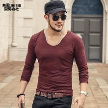 Мужская осенняя одежда с v-образным вырезом и длинным рукавом, Повседневная хлопковая Приталенная футболка, метросексуальная Мужская однотонная тонкая футболка в европейском стиле