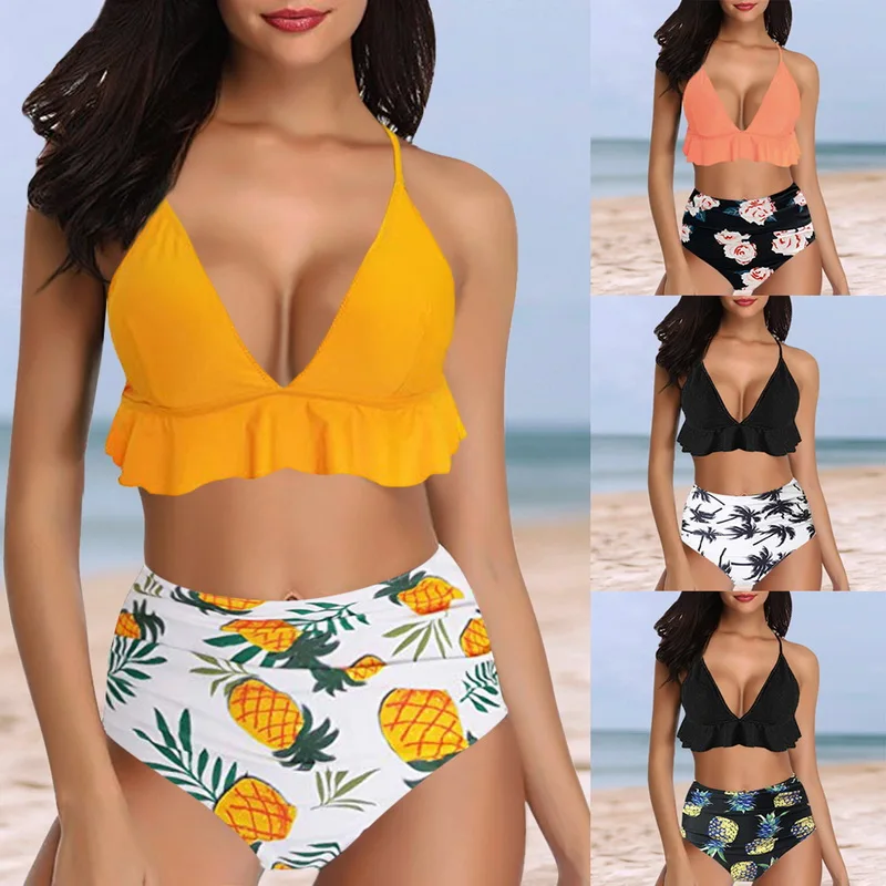 

Vertvie Women Swimsuit Ruffle Printed Bikini Set Two Pieces High Waist Push Up Bathing Suit Sexy Beach Wear Summer Swimwear