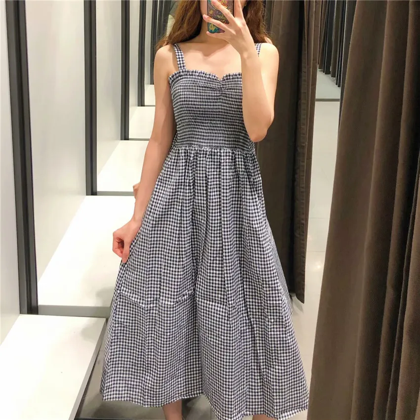

Women stylish plaid midi dress V neck sleeveless elastic waist female dresses 2019 autumn chic vestido