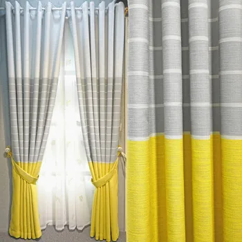

Boys Simple Modern Linen Curtains Girls Yellow Stripes Curtain for Living Room Bedroom Splice Living Room Curtains