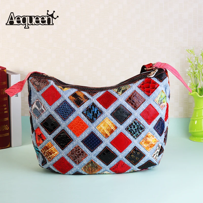 

AEQUEEN Patchwork Women Handbags Genuine Leather Hobos Shoulder Bags Messenger Bag Lady Single Colorful Bright Hand Bag Bolsos