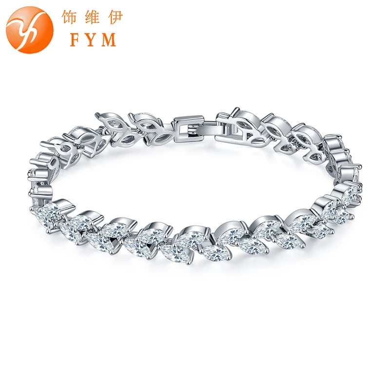 

FYM Brand New Luxury Silver Color Plant Bracelets & Bangles with Clear AAA Zircon Crystal Femme Bracelets for Women Wedding Part