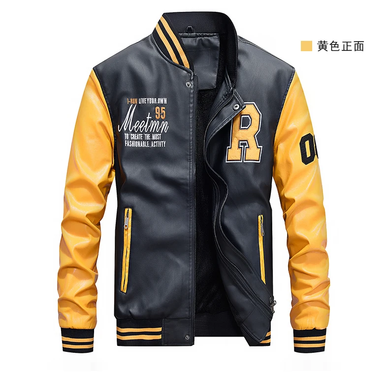 

Drop shipping Men Baseball Jacket Leather Pu Coats Slim Fit College Fleece Pilot Jackets Men's Stand Collar Top Jacket Coat