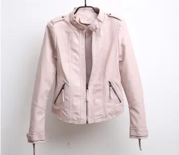 

2019 autumn PU leather motorcycle female jacket casual round neck zipper short leather jacket motorcycle female jacket