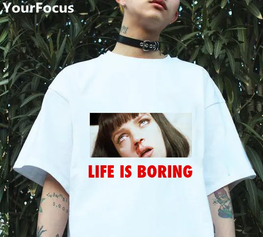 

Harajuku pulp Fiction ins hot style life is boring letter printed Nosebleeds women pattern loose short sleeve tshirts YQ-308