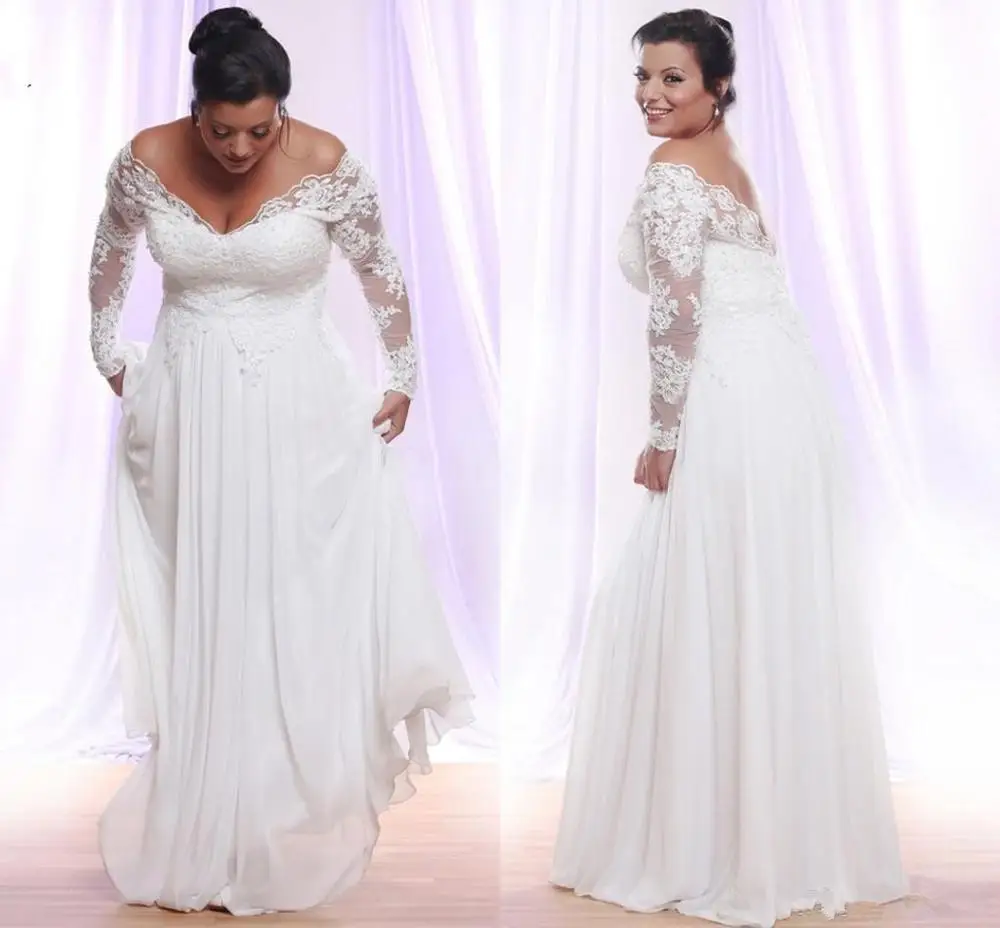 

Long Sleeves Plus Size Wedding Dresses V-neck Beach country lace Wedding Gowns Off The Shoulder Bridal Gowns Vestido De Novia