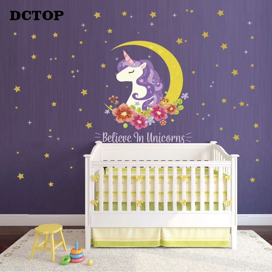 

Colorful Unicorn Moon Flowers Stars Wall Stickers Believe In Unicorns Quote Wall Art Decal For kids Room Girls Bedroom Nursery