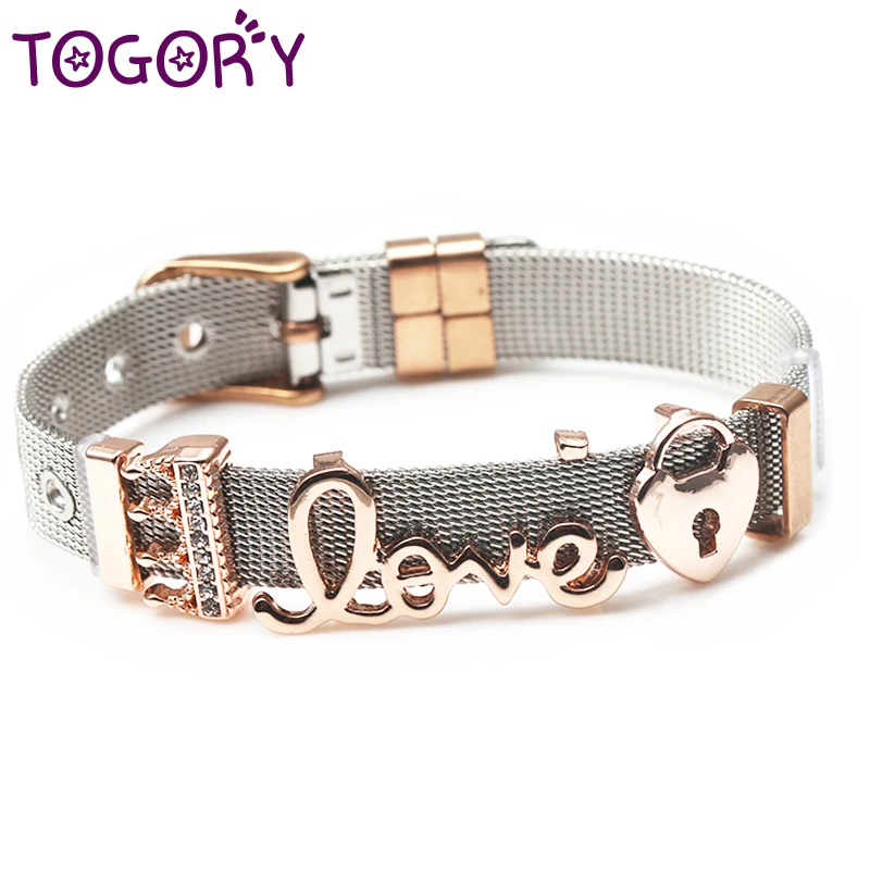 

TOGORY Hot Sale Stainless Steel Mesh Bracelet With LOVE LOCK Charms DIY Fine Bracelets for Woman Girls Party Gifts Jewelry