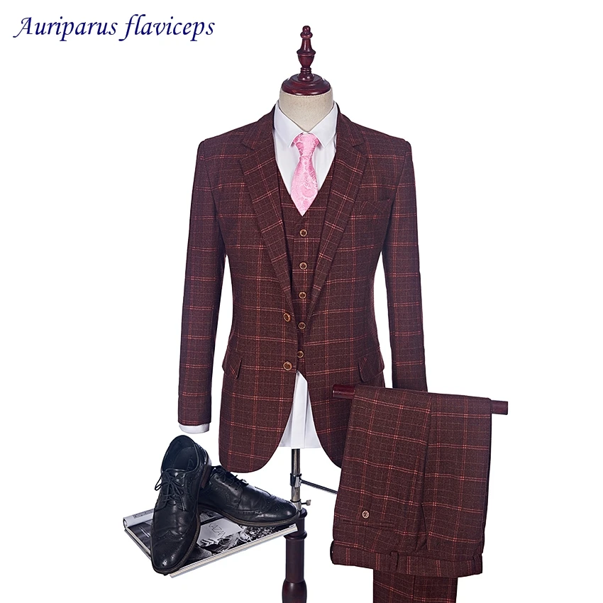 New Tweed Men Suits Plaid Terno Wedding Suit 2 Buttons Groom Tuxedos Tailored Wool Suits Made (Jacket+pants+vest)