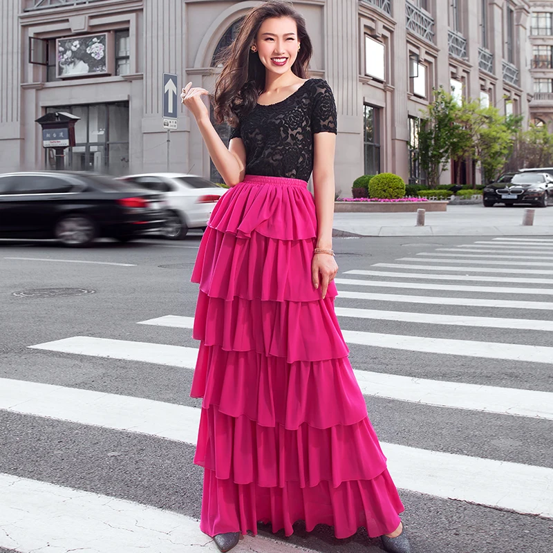 Summer Elegant Chiffon Cake Skirt Elastic Waist Maxi Long Layer Upon Layer Ruffles Skirts