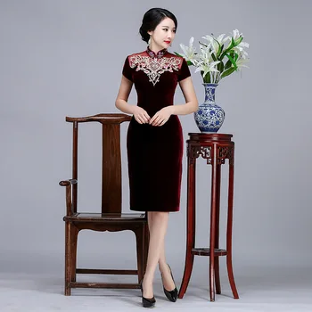 

Elegant Mandarin Collar Slim Cheongsam Women New Chinese Style Qipao Velvet Evening Short Sleeve Dress Vestidos Plus Size 4XL