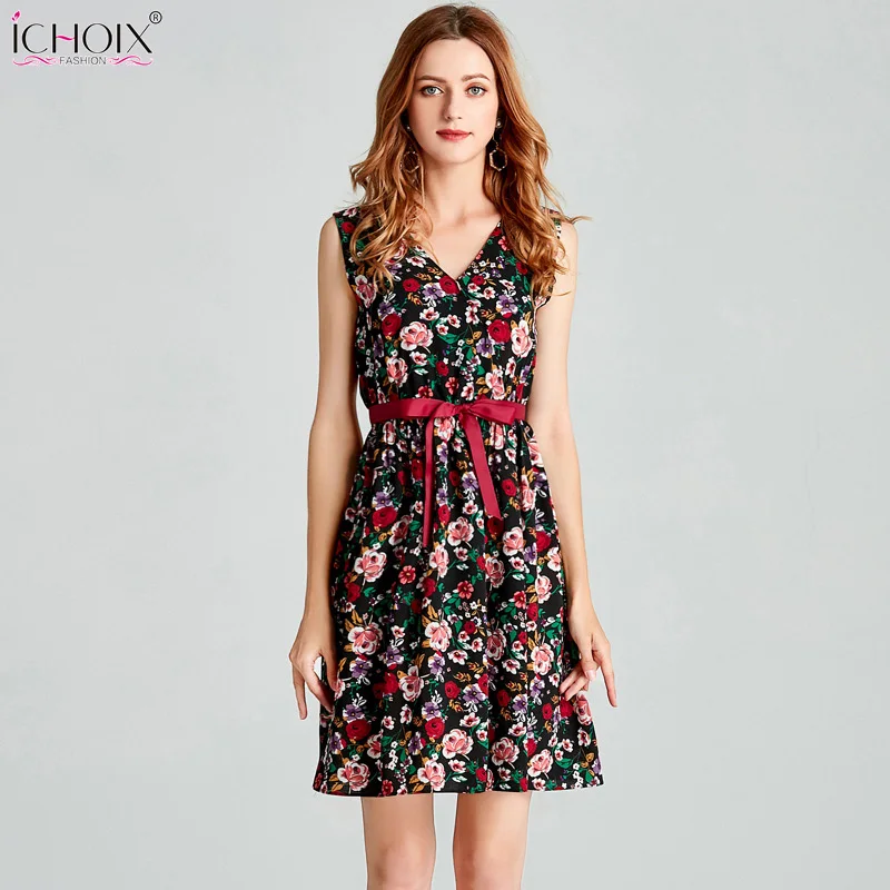 Casual Chiffon Flower Printed V-Neck Mini Dress