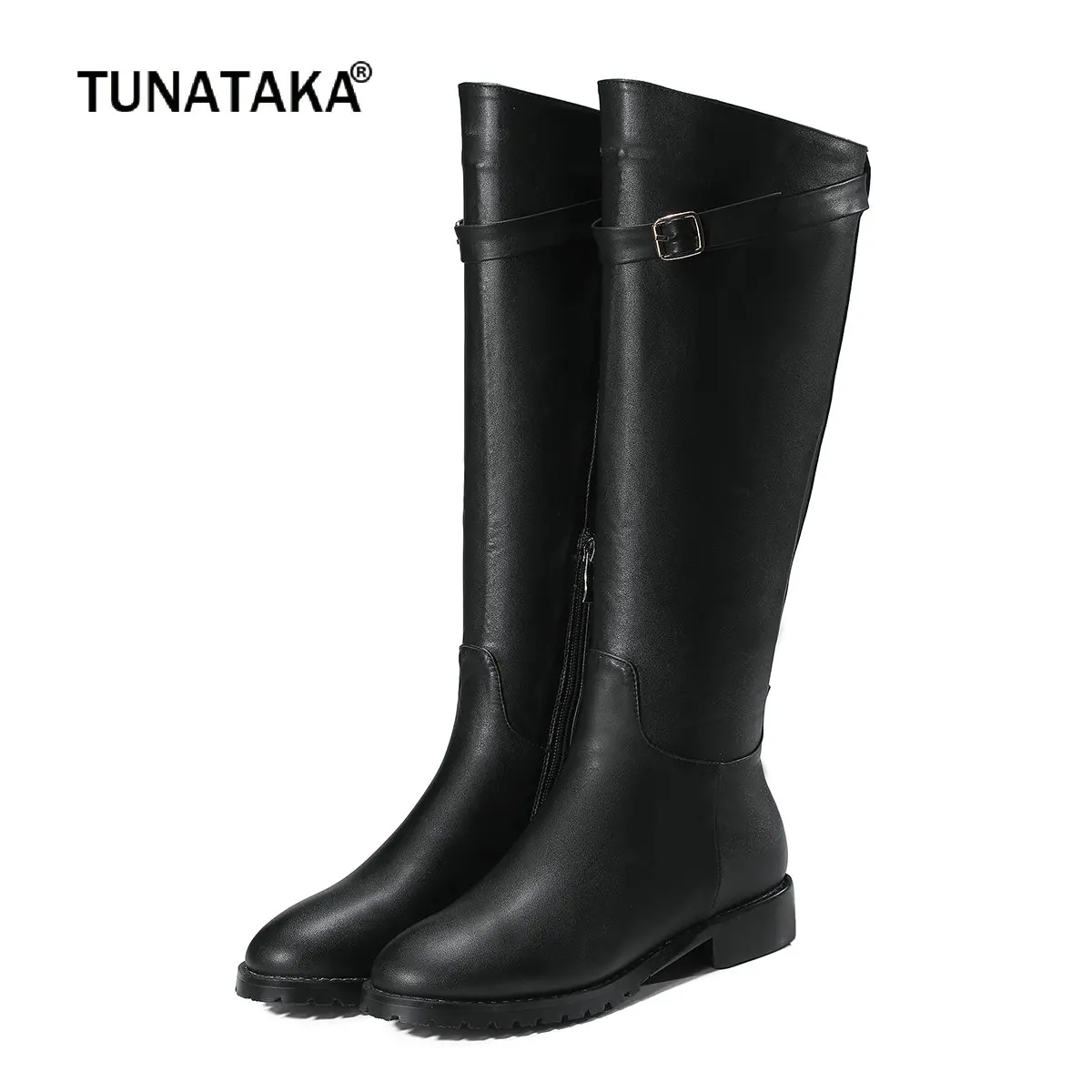 

2018 Winter Comfortable Flat Knee High Boots Women Faux Leather Low Heel Zipper Boots Fur Warm Fashion Women Shoes Plus Size 43