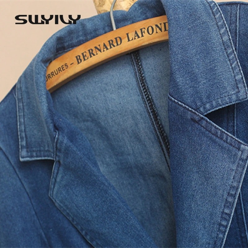 SWYIVY Women Blazer Jacket Coat Spring 2018 Denim Casual Blazers Women Slim Coat Cotton Women Blazers 5XL Big Size Office Blue SWYIVY Women Blazer Jacket Coat Spring 2018 Denim Casual Blazers Women Slim Coat Cotton Women Blazers 5XL Big Size Office Blue