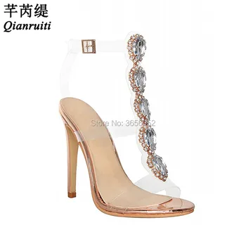 

Qianruiti Luxury Jewelled Gemstone Bling Wedding Shoes Bridal Clear PVC Stilettos Buckle Strap High Heels Crystal Summer Sandals
