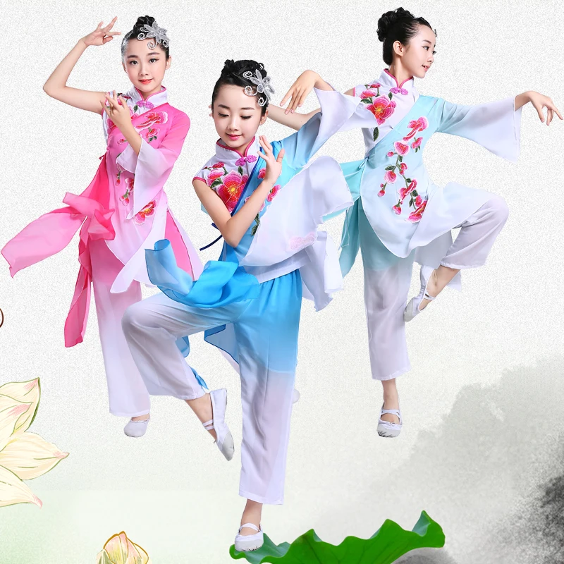 Детский китайский стиль Hanfu классические танцевальные костюмы национальный танец веер для девочек Yangko танцевальные костюмы хмонг