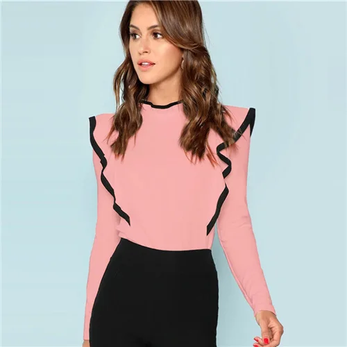 Dotfashion облегающая футболка с оборками, облегающая футболка с длинным рукавом, женская элегантная Осенняя футболка с воротником-стойкой, топы в Корейском стиле, новая футболка - Цвет: Розовый