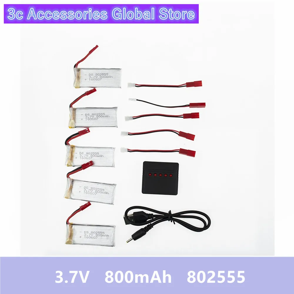 5pcs 3.7V 800mah battery with Charger For JJRC H12C H12 V636 V686 V686G V686J V686K 2.4Gh 4CH 6-Axis UAV FPV RC Quadcopter Drone