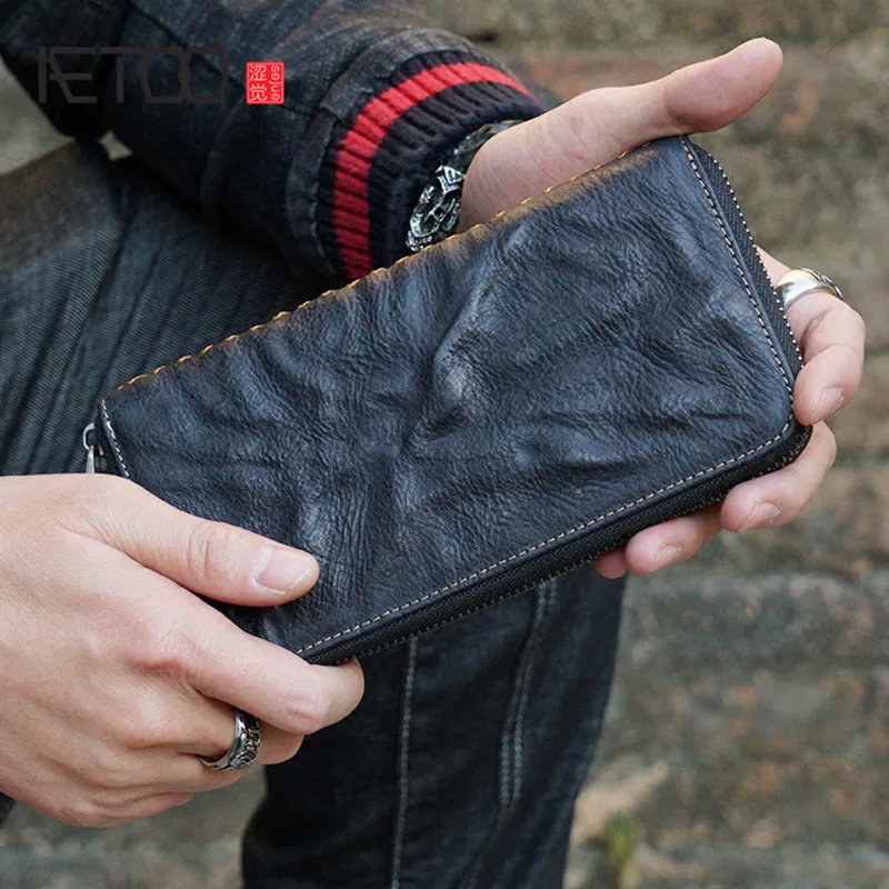 

AETOO Men's leather wallet long personality leather multifunctional retro zipper wallet