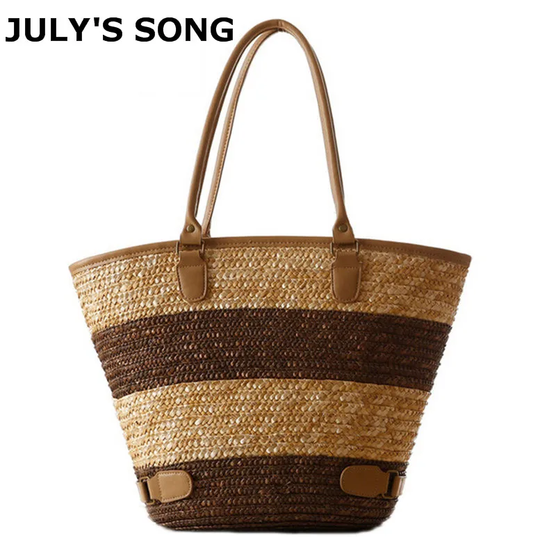 

JULY'S SONG 2018 Ladies Handmade Beach Bag Women stripe Weave Straw Shoulder Bags Tote Purse Handbag Shopping Bag hot sale