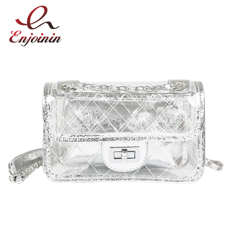 

Transparent Jelly PVC Metal Stripe Summer Casual Fashion ladies Trend Shoulder Bag Tote Bolsa Handbag Mini Messenger Bag Flap