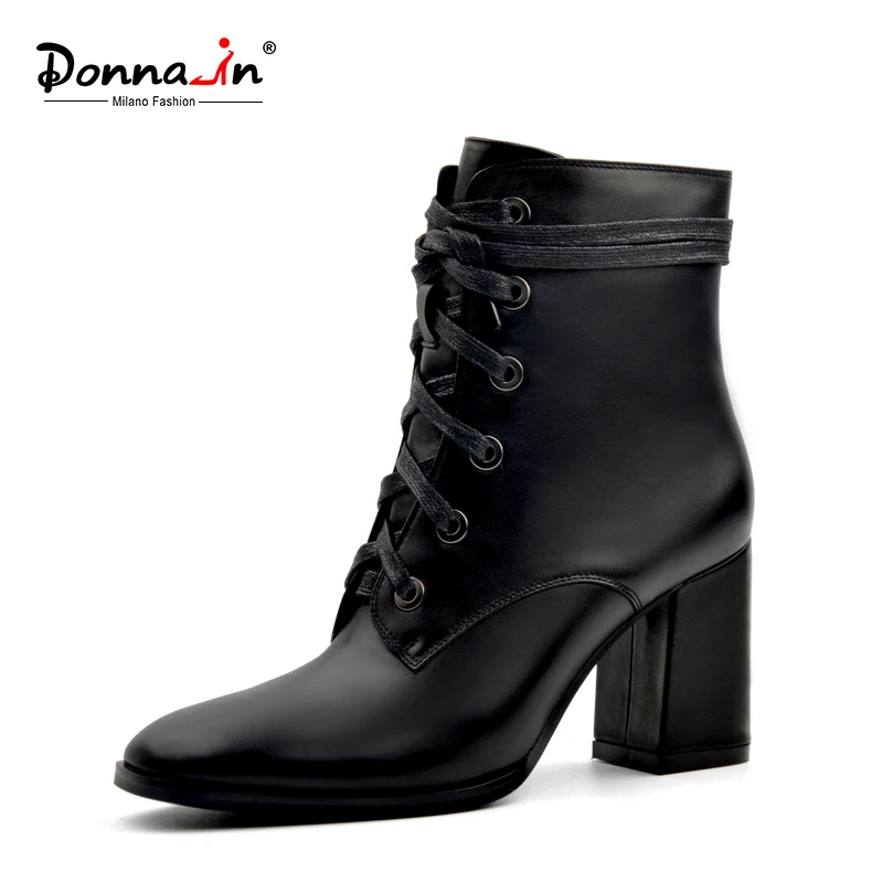 

Donna-in Brand 2018 Spring Autumn Black Boots Women Zipper Lace-up High Heels Genuine leather Booties Square Shoes Ladies Shoes